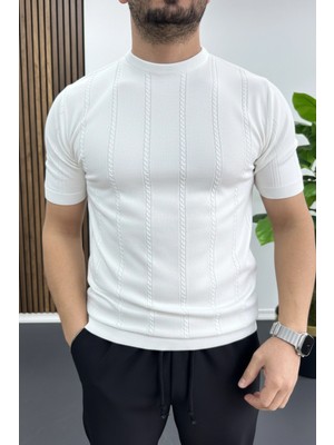 Edwox Erkek Bisiklet Yaka Desenli Tişört Beyaz EDW454