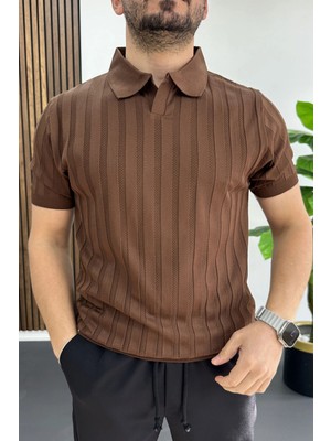 Edwox Erkek Açık Yaka Desenli Tişört Kahverengi EDW453