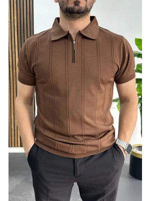 Edwox Erkek Desenli Polo Yaka Tişört Kahverengi EDW457