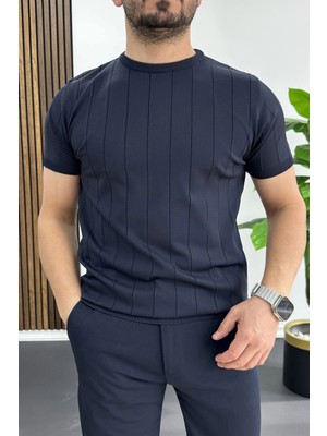 Edwox Erkek Bisiklet Yaka Çizgili Tişört Lacivert EDW456