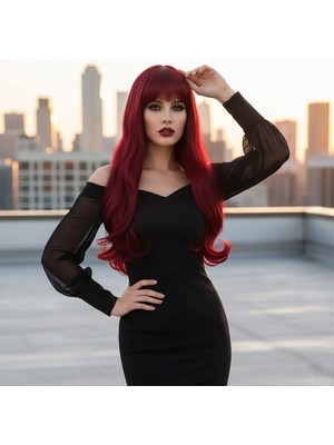 İlk El Grup Kahküllü Uzun Dalgalı Fiber Sentetik Peruk - Kızıl