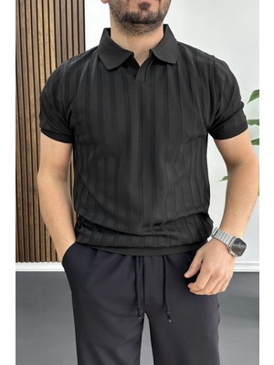 Edwox Erkek Açık Yaka Desenli Tişört Siyah EDW453