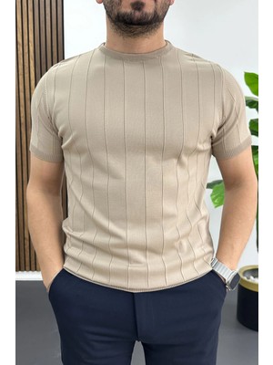 Edwox Erkek Bisiklet Yaka Çizgili Tişört Vizon EDW456