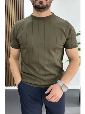 Edwox Erkek Bisiklet Yaka Çizgili Tişört Haki EDW456