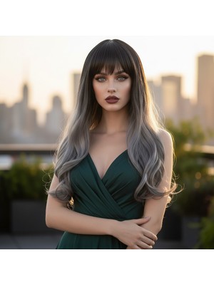 İlk El Grup Kahküllü Uzun Dalgalı Fiber Sentetik Peruk - Siyah Gri Ombreli