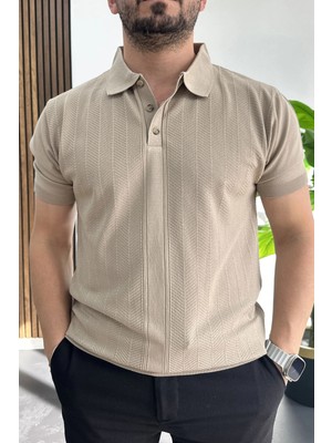 Edwox Erkek Desenli Polo Yaka Tişört Vizon EDW460