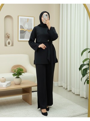 Modamorfo Önü Çapraz Bağlamalı Yırtmaçlı Scuba Takım  -Siyah