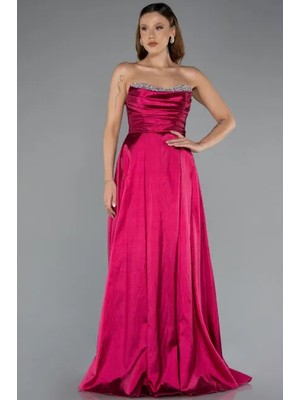 Taşlı Straplez Yaka Uzun Tafta Abiye Elbise ABU4579