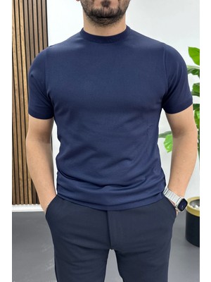 Edwox Erkek Düz Desen Bisiklet Yaka Tişört Lacivert EDW459