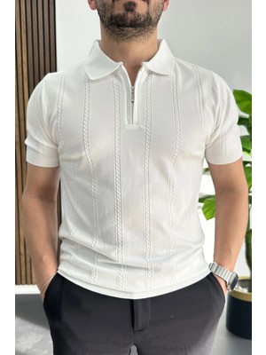 Edwox Erkek Desenli Polo Yaka Tişört Beyaz EDW457