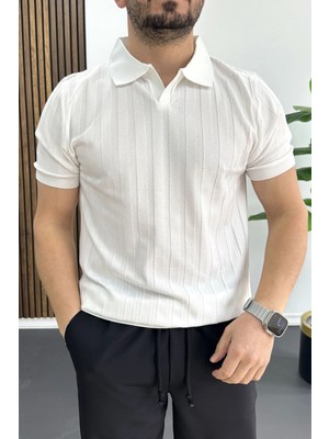 Edwox Erkek Açık Yaka Desenli Tişört Beyaz EDW453