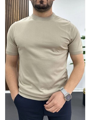 Edwox Erkek Düz Desen Bisiklet Yaka Tişört Vizon EDW459