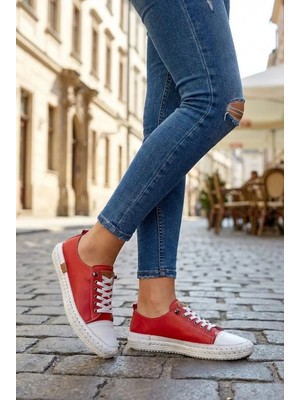 Lucid Kadın Hakiki Deri Kırmızı Sneaker El Dikişli Günlük Spor Ayakkabı Bağcıklı Rahat Taban