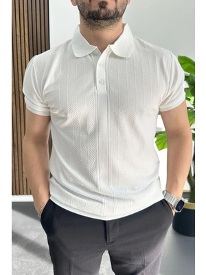 Edwox Erkek Desenli Polo Yaka Tişört Beyaz EDW460