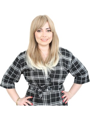 İlk El Grup Düz Perçemli Orta Boy Fiber Sentetik Peruk - Karamel / Platin Röfleli