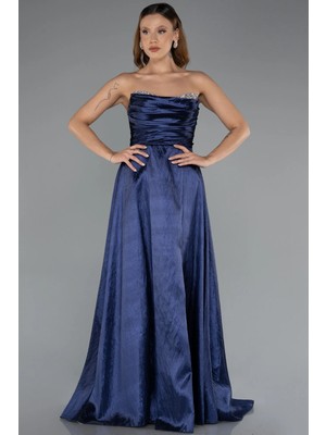 Taşlı Straplez Yaka Uzun Tafta Abiye Elbise ABU4579