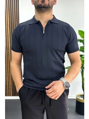 Edwox Erkek Slim Fit Fermuarlı Polo Yaka Tişört Lacivert EDW452