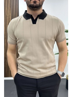 Edwox Erkek Yaka Detaylı Tişört Vizon EDW463