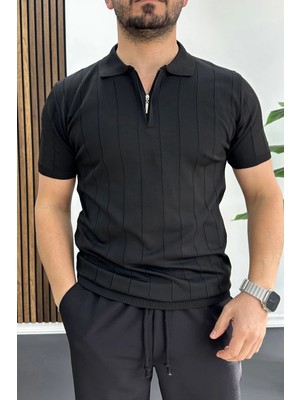 Edwox Erkek Slim Fit Fermuarlı Polo Yaka Tişört Siyah EDW452