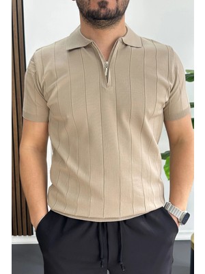 Edwox Erkek Slim Fit Fermuarlı Polo Yaka Tişört Vizon EDW452