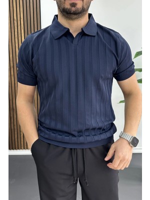 Edwox Erkek Açık Yaka Desenli Tişört Lacivert EDW453