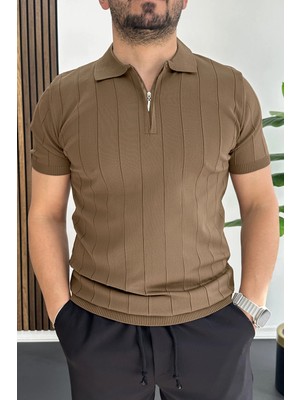 Edwox Erkek Slim Fit Fermuarlı Polo Yaka Tişört Açık Kahve EDW452