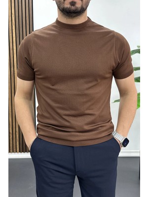 Edwox Erkek Düz Desen Bisiklet Yaka Tişört Kahverengi EDW459