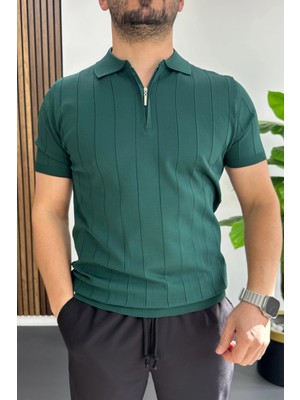 Edwox Erkek Slim Fit Fermuarlı Polo Yaka Tişört Yeşil EDW452