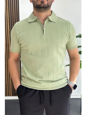 Edwox Erkek Slim Fit Fermuarlı Polo Yaka Tişört Açık Yeşil EDW452