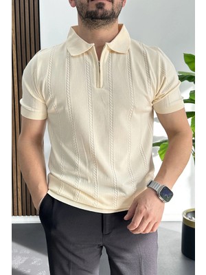 Edwox Erkek Desenli Polo Yaka Tişört Krem EDW457