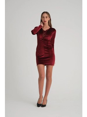 Modazeyosh Kadın Kadife Bağcıklı Detay Elbise