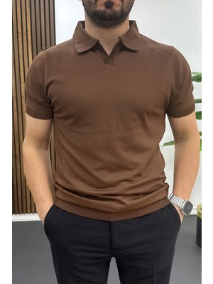 Edwox Erkek Açık Yaka Düz Tişört Kahverengi EDW461