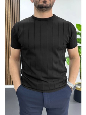 Edwox Erkek Bisiklet Yaka Çizgili Tişört Siyah EDW456