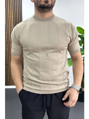 Edwox Erkek Bisiklet Yaka Desenli Tişört Vizon EDW454