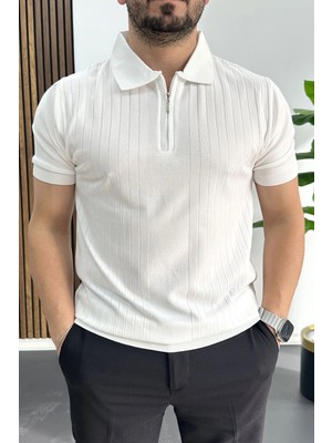 Edwox Erkek Çizgi Desenli Polo Yaka Beyaz EDW458