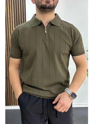 Edwox Erkek Slim Fit Fermuarlı Polo Yaka Tişört Haki EDW452