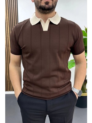 Edwox Erkek Yaka Detaylı Tişört Kahverengi EDW463