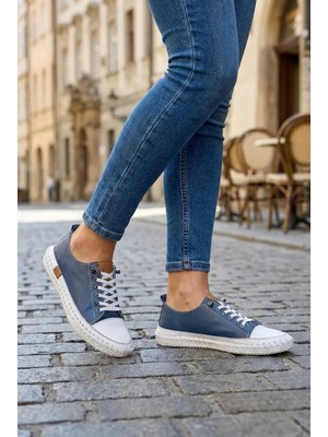 Lucid Kadın Hakiki Deri Mavi Sneaker El Dikişli Günlük Spor Ayakkabı Bağcıklı Rahat Taban