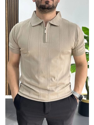 Edwox Erkek Desenli Polo Yaka Tişört Vizon EDW457