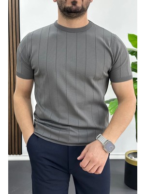 Edwox Erkek Bisiklet Yaka Çizgili Tişört Füme EDW456