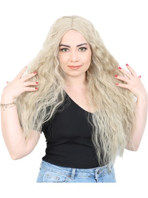 İlk El Grup Kabarık Dalgalı Uzun Fiber Sentetik Peruk - Balköpüğü / Platin Röfleli