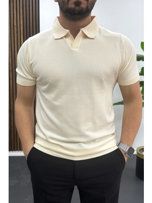 Edwox Erkek Açık Yaka Düz Tişört Krem EDW461