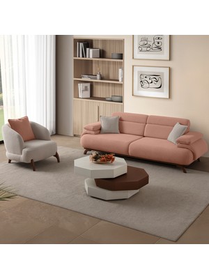 Eymense Bonjo Sırt Mekanizmalı Ceviz Kasalı Koltuk Takımı 3+1 Pudra