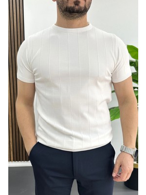 Edwox Erkek Bisiklet Yaka Çizgili Tişört Beyaz EDW456