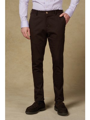 Abbate Prime Chino Poplin Stretch Pamuk Karışımlı Modern Fit Kahverengi Erkek Düz Pantolon