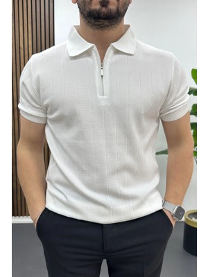 Edwox Erkek Nokta Desenli Polo Yaka Tişört Beyaz EDW462