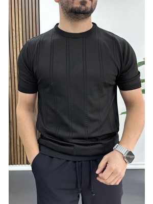 Edwox Erkek Bisiklet Yaka Desenli Tişört Siyah EDW454