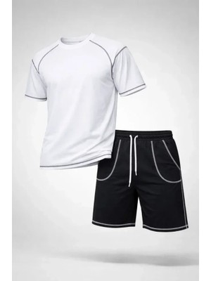 Uslucan Alışveriş Erkek Spor Tişört Şort Takım Kontrast Dikiş Detaylı Ovarsize Rahat Kalıp - Beyaz