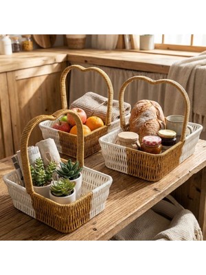 URZ Iç Içe Geçebilen 3’lü Çift Renkli Dikdörtgen Formlu Kalp Saplı Plastik Rattan Sepet Seti – Hasır Görünümlü Çok Amaçlı Organizerler