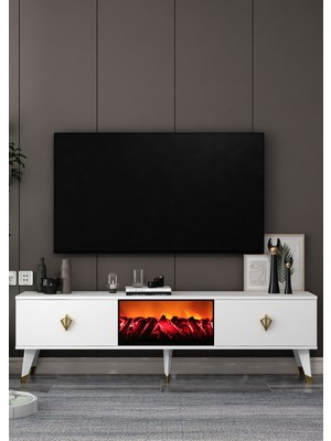 Demonte Decor TV0057-TXA150DD-32 Şömineli Tv Sehpası Beyaz-Altın